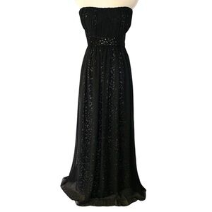 Max and Cleo Strapless Maxi Gown Black Chiffon Overlaying Patterned Lining